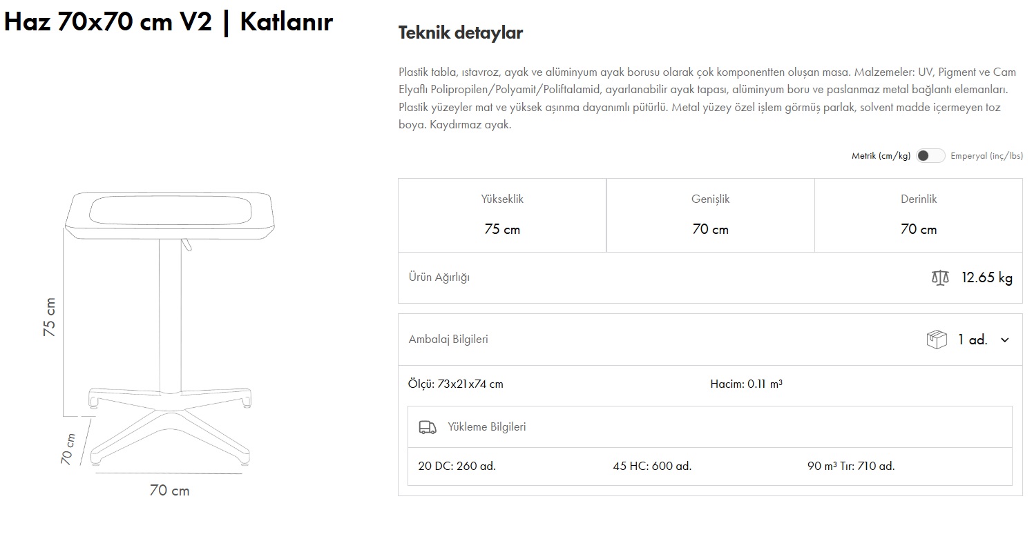 Haz Masa 70x70 V2 Katlanır